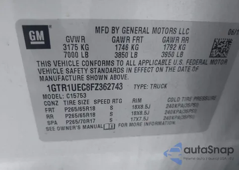 2015 GMC Sierra 1500 Sle z USA, uszkodzony, nr VIN 1GTR1UEC8FZ362743